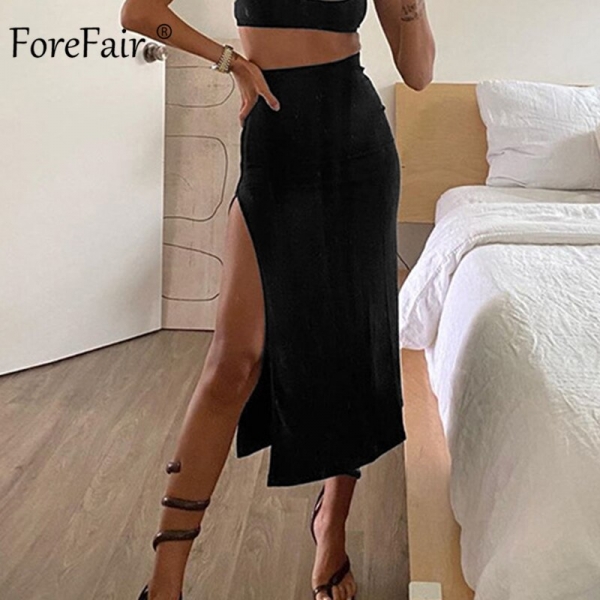Forefair Women Long Skirts High Split High Waist Black Sexy Skinny Simple Design Knitted Elegant Fashion Female Mid-Calf Skirts Lengthy Skirt Excessive Break up Excessive Waist Black