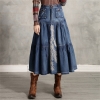Vintage Embroidery A-Line Denim Skirt for Women with Patch Pockets