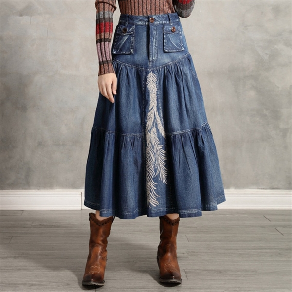 Women's Denim Skirt 2020 Vintage Women A line Embroidery Skirts Patch Pocket Saia Feminina Long Girl's Skirt 1 Vintage Embroidery A-Line Denim Skirt for Women with Patch Pockets