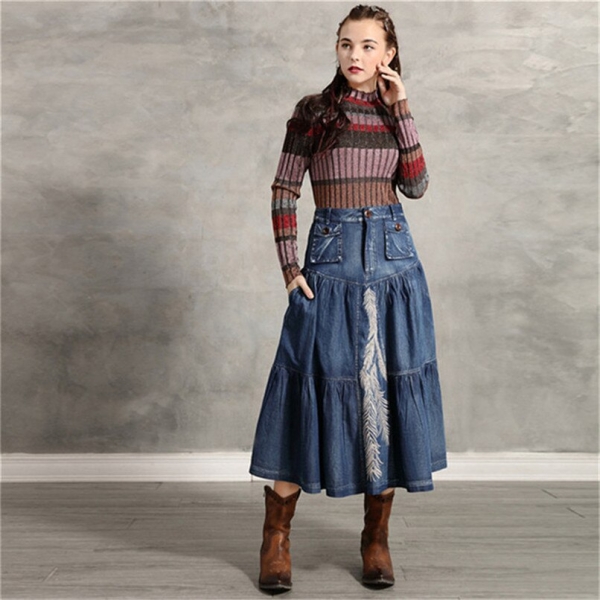 Women's Denim Skirt 2020 Vintage Women A line Embroidery Skirts Patch Pocket Saia Feminina Long Girl's Skirt 3 Vintage Embroidery A-Line Denim Skirt for Women with Patch Pockets