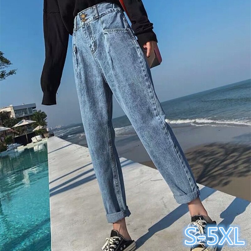 S-XL,2XL,3XL,4XL,5XL High Waist Jeans Woman plus size loose straight Jeans female elastic waist mom’s denim womens (E208)