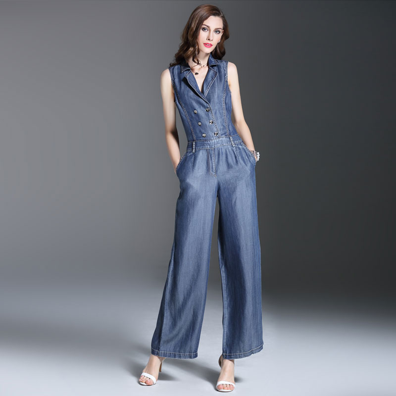 Summer Spring Fashion Womens Double Breasted Sleeveless Jumpsuits , Overalls , Casual Female Wide Leg Jeans Jumpsuit For Women 1