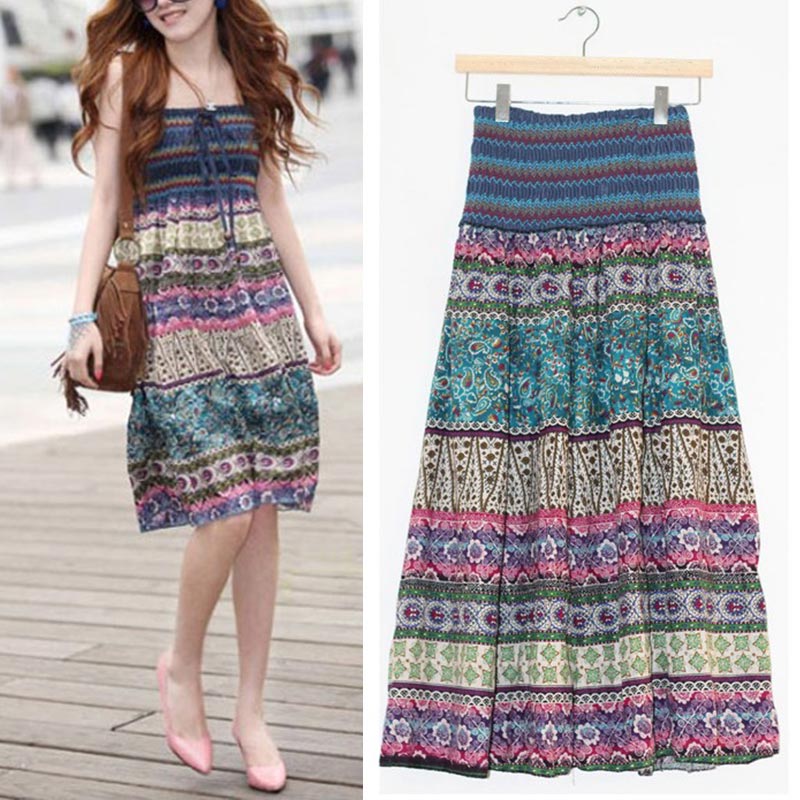 High Waist Boho Floral Women Long Skirt Pleated A-line Elastic Sashes Vintage Women's Skirts 2020 Spring Summer Fashion Clothes 3 High Waist Boho Floral Women Long Skirt Pleated A-line Elastic