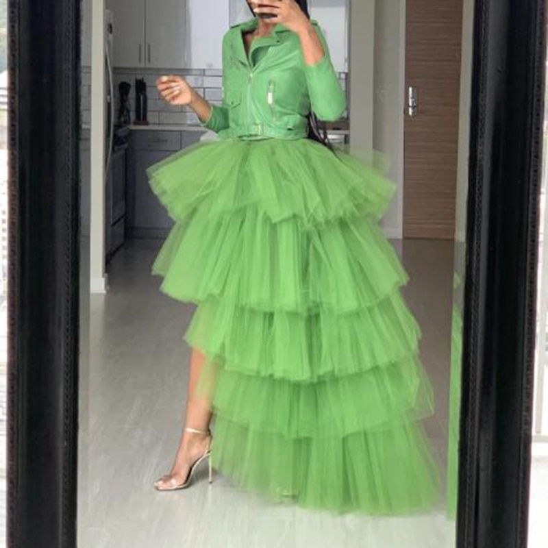 2020 Pretty Green High Low Tulle Skirts Elegant Puffy Tulle Ruffle Elastic Waist Maxi Skirt Chic Tiered Tulle Women Long Skirt 3 Elegant Puffy Tulle Ruffle Elastic Waist Maxi Skirt