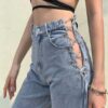 Women Denim Jeans Pant Trousers New Fashion Female High Waist Side Hollow Out Chain Straight Jeans Pant Ladies Vintage Jeans