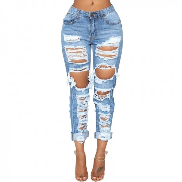 Fashion Ripped Jeans For Women Denim Straight Pants Trousers Mid Waist Casual Skinny Jeans Torn Jeggings boyfriend jeans 2020 Straight Pants Trousers Mid Waist Casual Skinny Jeans