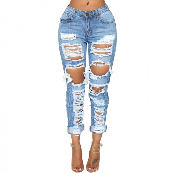 Fashion Ripped Jeans For Women Denim Straight Pants Trousers Mid Waist Casual Skinny Jeans Torn Jeggings boyfriend jeans 2020 1 Straight Pants Trousers Mid Waist Casual Skinny Jeans
