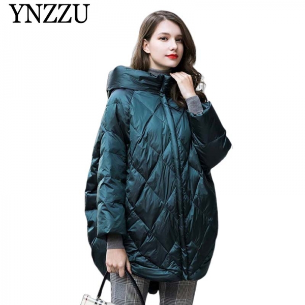 Solid Oversize Hooded Women down jacket 2019 Winter warm long down coat Green black loose fashion Overcoat Autumn YNZZU YO953 1 Hooded Women down jacket Winter warm long down coat