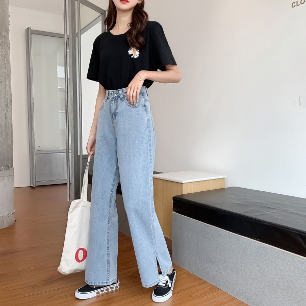 GoneGoing 2020 Summer Women High Split Denim Pants Straight Wide Leg Plus Size Full Length Jeans 070706 Summer season Girls Excessive Cut up Denim Pants Straight