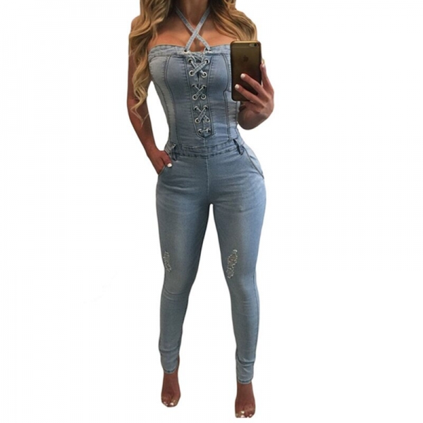 Denim Overalls Women 2018 Sexy Halter Jeans Jumpsuits Square Neck Sleeveless Playsuits Body For Women Rompers Womens Jumpsuit A stylish sleeveless denim jumpsuit with a square neckline and tassel accents, perfect for casual or semi-formal wear.