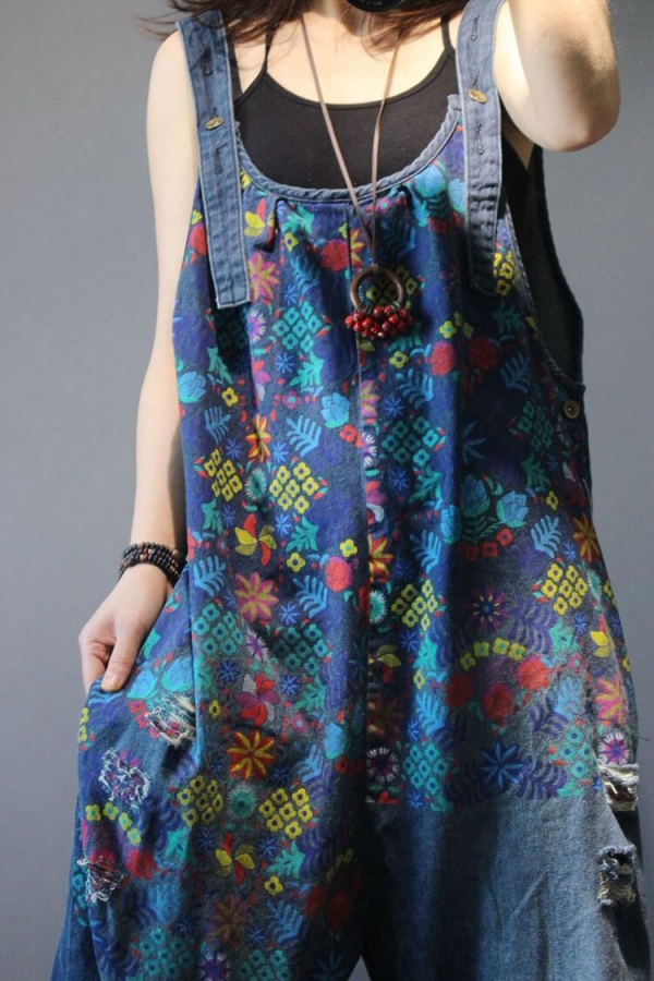 Women Denim Overalls Print Floral Vintage Plus Size Casual flower print Ripped Hole Wide Leg Jumpsuit Ladies Jeans Romper loose 4 Casual Style with Xnxee's Ladies Denim Overalls - Floral Print, Classic Charm, and Plus Size Comfort