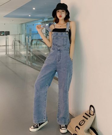 Ripped Denims For Ladies Broad-Leg Overalls Pants With Shoulders