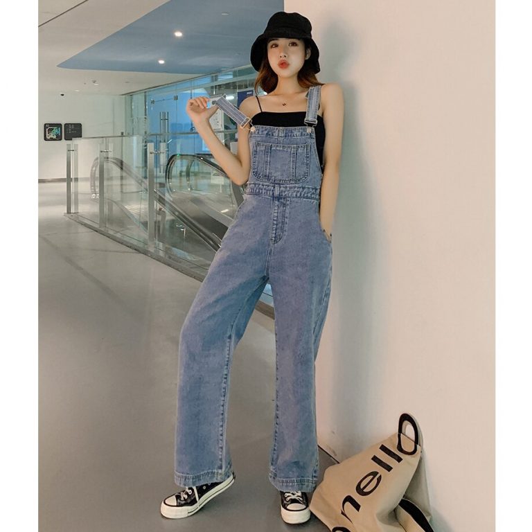 Ripped Denims For Ladies Broad-Leg Overalls Pants With Shoulders