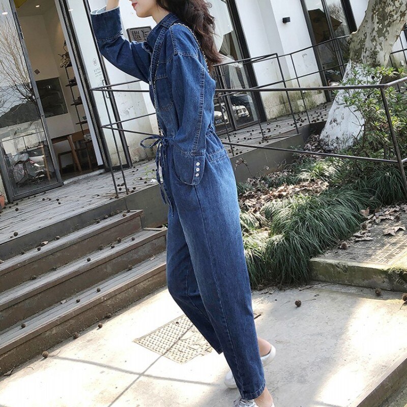 Boyfriend Style Cargo Overalls One Piece Sleeve Women Denim Loose Jeans Bib Overall Casual Lace Up Long Jumpsuit 4
