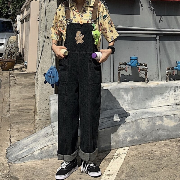 Vintage Denim Jumpsuit Loose High Waist Big Pocket