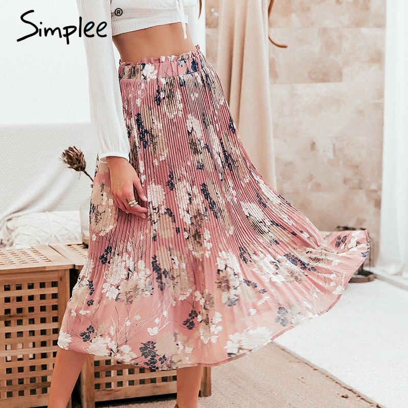Simplee Bohemian ruffled high waist chiffon women long skirt Floral print skirt pleated summer skirt Female lining midi skirt