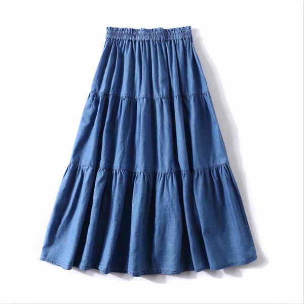 2020 Summer Solid Color Korean Style Women Long Skirts Loose Ruffles Denim Skirts High Elastic Waist Slim Skirts Plus Size M-7XL 1 Strong Shade Korean Model Girls Lengthy Skirts