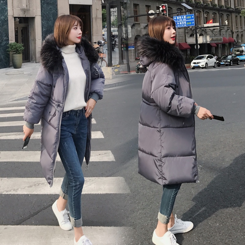 Women’s Down Jacket Fur Hooded Thicken Zipper Long Down Coats Women Casual Solid Long Sleeve Warm Cotton Coats Female Jackets 2