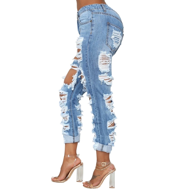 Fashion Ripped Jeans For Women Denim Straight Pants Trousers Mid Waist Casual Skinny Jeans Torn Jeggings boyfriend jeans 2020 2