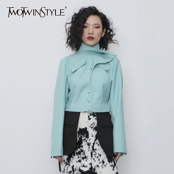 Asymmetrical PU Leather-based Girls Jacket Turtleneck
