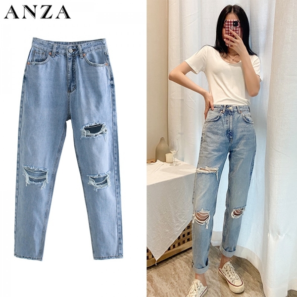 Za Women Jeans 2020 New High Street Fashion with High Waist Hollow Out Vintage Jeans Blue Long Denim Straight Pants For Women A pair of Za Ladies high-waist ripped straight-leg denim pants, perfect for casual or office wear, featuring a high-waist fit and ripped detailing for a trendy and flattering silhouette.