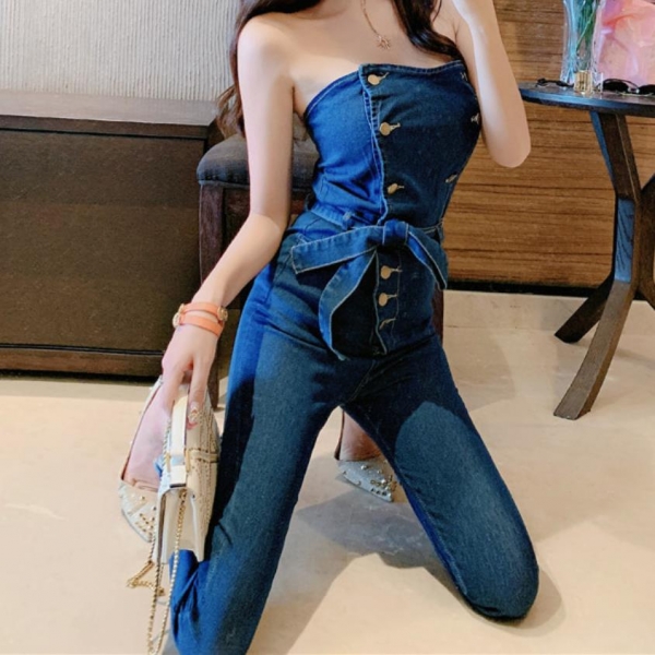Off Shoulder Denim Jumpsuits Overalls Women Jeans Playsuit Strapless Pencil Pants Romper Denim Jumpsuits Overalls Girls Denims Playsuit Strapless