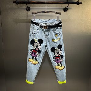 A pair of Dophee cartoon embroidery ankle-length denim pants, perfect for casual spring and summer wear, featuring straight legs, a mid-waist fit, and fun, playful embroidery for a youthful touch. 