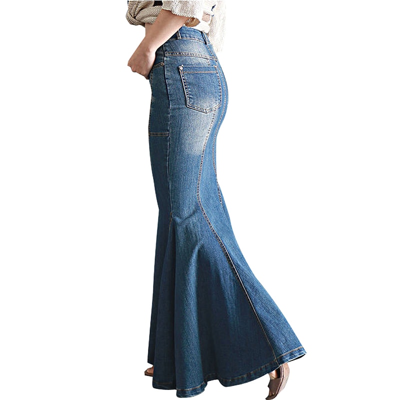 Women's Casual Stretch Waist Washed Denim Ruffle Fishtail Skirts Long Jean Skirt 3 Casual Denim Ruffle Fishtail Skirt for Women – Stretch Waist Jean Skirt