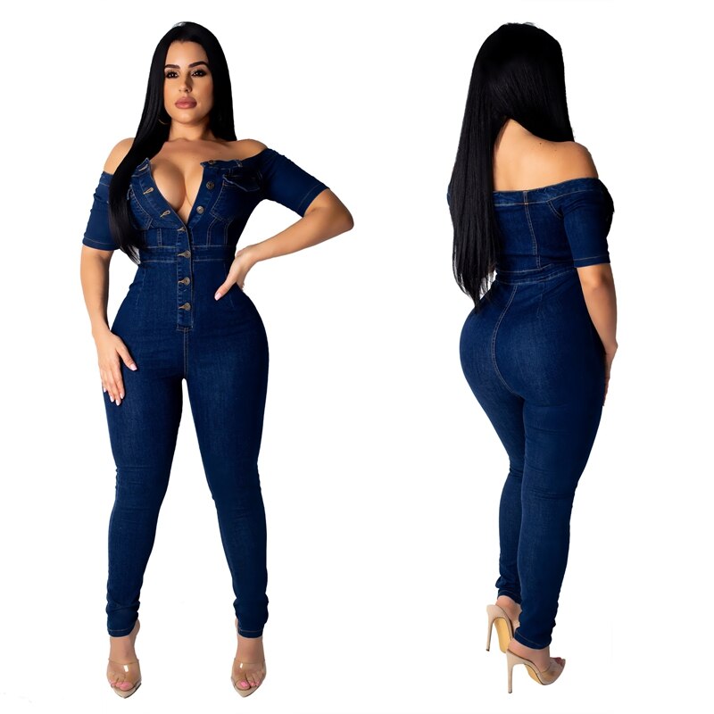 ZOOEFFBB Sexy Off Shoulder Denim Rompers Women Jumpsuit Elastic Fashion Clothes Body Overalls One Piece Bodycon Jean Jumpsuit 1