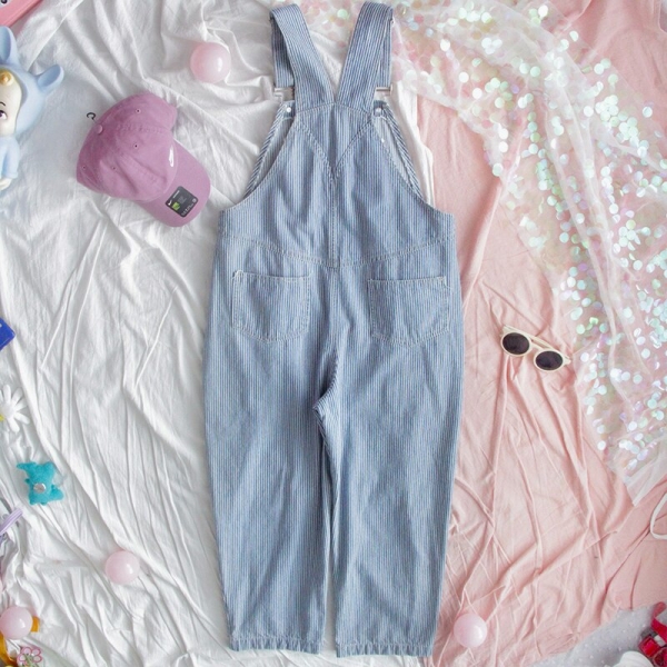 Harajuku Striped Denim Jumpsuit Women Romper Teenage Girl Kawaii Loose Jeans Strap Long Pants Korean Cute Ladies Casual Overalls 1 Kawaii Striped Denim Jumpsuit – Perfect for Casual Outings and Everyday Charm ?✨
