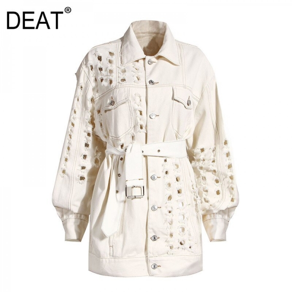 DEAT 2020 NEW autumn and winter full sleeves metal hollow out waist belt denim fashion women jacket female top 2020 1Y917 DEAT NEW autumn and winter full sleeves metallic hole