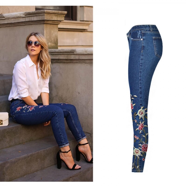 Ladies's Clothes Straight Denim Denims Pants 3D Floral Embroidery