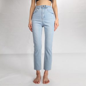 Blue Tassel Gentle Materials Snug Excessive Waist Small Straight Denims Ladies