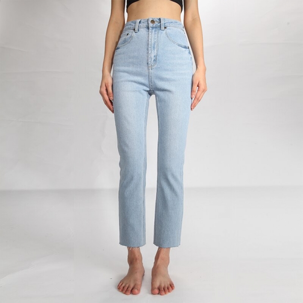 Blue Tassel Gentle Materials Snug Excessive Waist Small Straight Denims Ladies