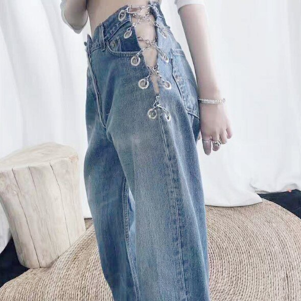 Women Denim Jeans Pant Trousers New Fashion Female High Waist Side Hollow Out Chain Straight Jeans Pant Ladies Vintage Jeans 2