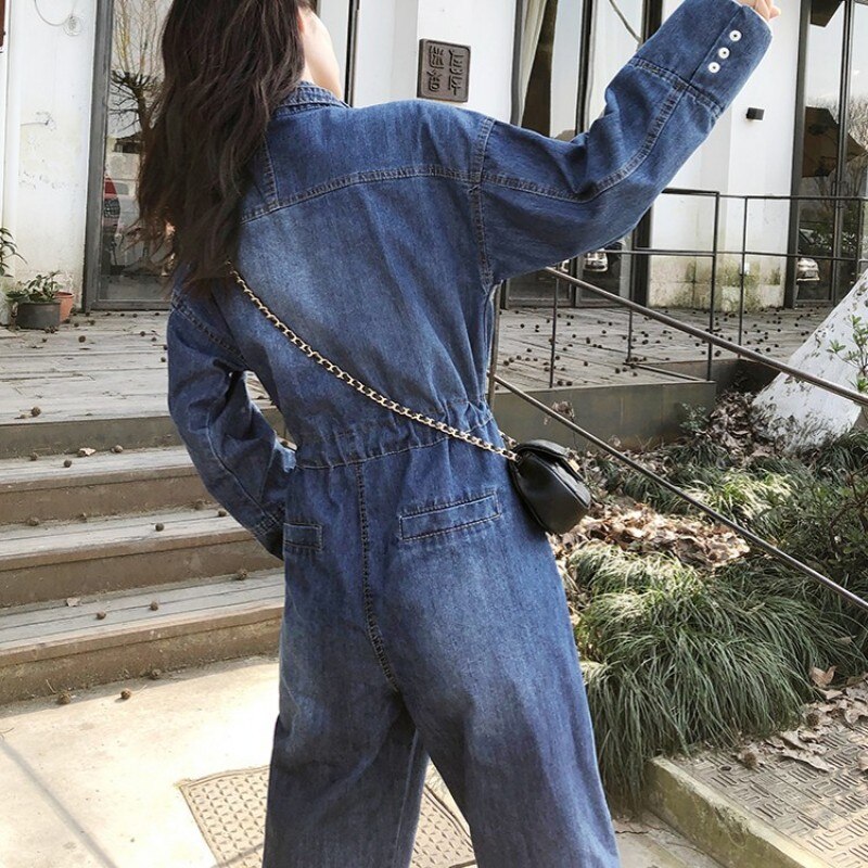Boyfriend Style Cargo Overalls One Piece Sleeve Women Denim Loose Jeans Bib Overall Casual Lace Up Long Jumpsuit 2