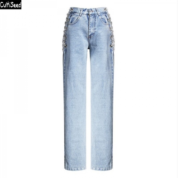 Women Denim Jeans Pant Trousers New Fashion Female High Waist Side Hollow Out Chain Straight Jeans Pant Ladies Vintage Jeans Excessive Waist Facet Hole Out Chain Straight Denims Pant