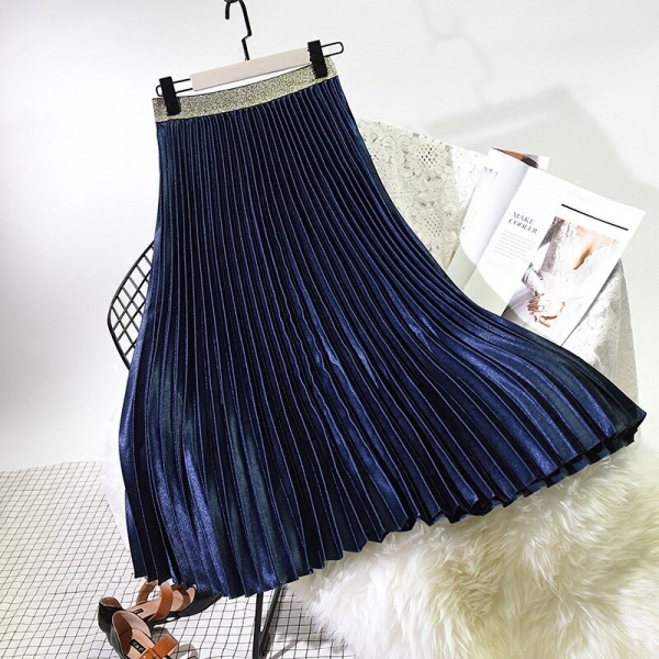 Qooth 2020 Winter Women Elegant Pleated Skirt Elastic Waist Women Long Skirt Female Autumn Ladies High Quality Midi Skirt Saia Qooth Winter Ladies Elegant Pleated Skirt Elastic Waist