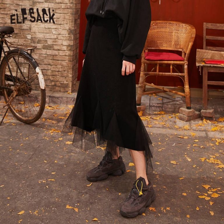 Black Solid Contrast Mesh Casual Women Long Skirts  Spring