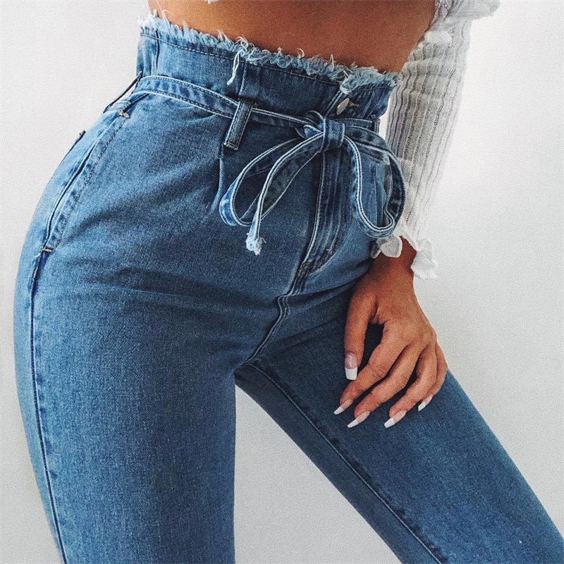 New High Waist Raw Belt Waist Thin Leg Jeans Fashion Casual New Style Lace Up Women Jeans Straight ripped Jeans For Women 1