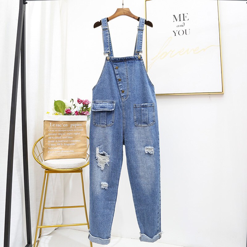 Oversized Hole Ripped Jeans Jumpsuits Women Baggy Suspenders Overalls for Women High-waisted Cotton Denim Jeans Jumpsuits 5XL