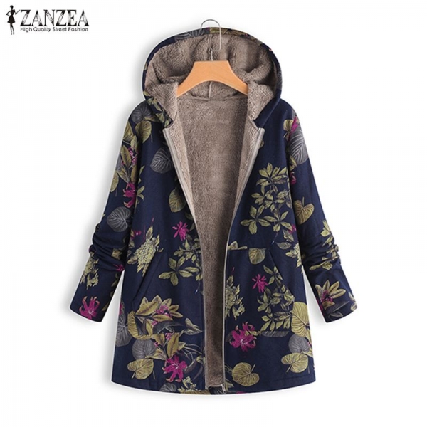 2020 ZANZEA Autumn Winter Warm Print Coat Fur Lining Women's Jackets Female Long Sleeve Hooded Outerwear Zipper Cardigans Tunic 1 Stay Warm in Style: Autumn Winter Heat Print Coat with Fur Lining for Women