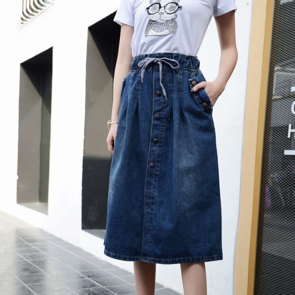 High Waist Cotton Denim Women Long Skirt Lace-Up Waist Oversize Women Denim Skirt Plus Size 7XL Women Skirts Faldas Saias Cotton Denim Ladies Lengthy Skirt Lace-Up Waist