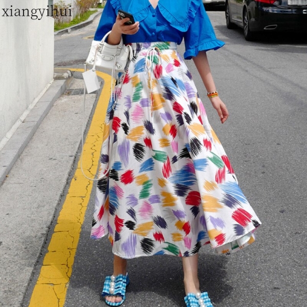 Colorful White Print Women Long Skirts New Korean Chic SummerLace-up High Waist Skirt Large Sewing Bohemian Beach Skirt 2020 Korean Colourful White Print Ladies Lengthy Skirts
