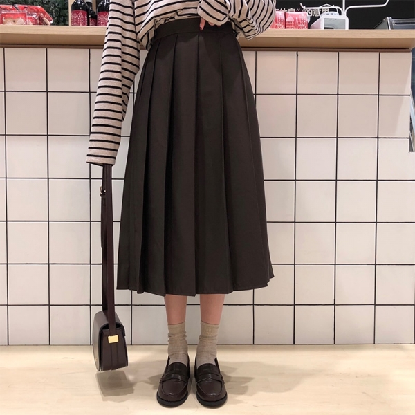 3 colors 2019 Spring Autumn Female long Skirts Women High Waist long pleated Skirt solid color a line skirt womens 1 Style with the Elegant High-Waisted Pleated Skirt