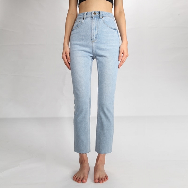 Blue Tassel Gentle Materials Snug Excessive Waist Small Straight Denims Ladies
