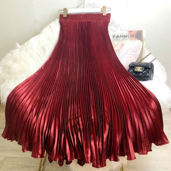 Korean Women Fashion Pleated Satin Long Skirt Female Chic Streetwear Elastic High Waist Red Skirts Saia 2020 Spring Summer FY316 1 Korean Ladies Trend Pleated Satin Lengthy Skirt