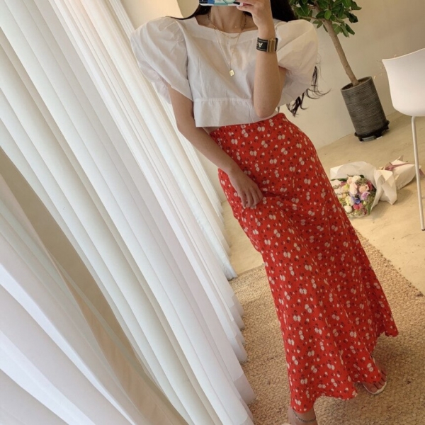 COIGARSAM Vintage Floral Women Long Skirt Print Chiffon High Waist Skirts Red Blue Black 4395 Classic Floral Girls Lengthy Skirt Print Chiffon
