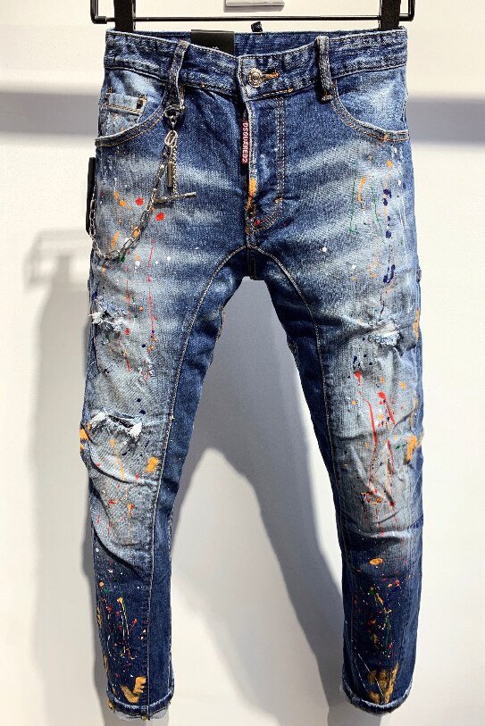 Famous Classic Fashion Designer Jeans women/Men Straight Dark Blue Color Printed Mens Jeans Ripped Jeans,100% Cotton A352 2