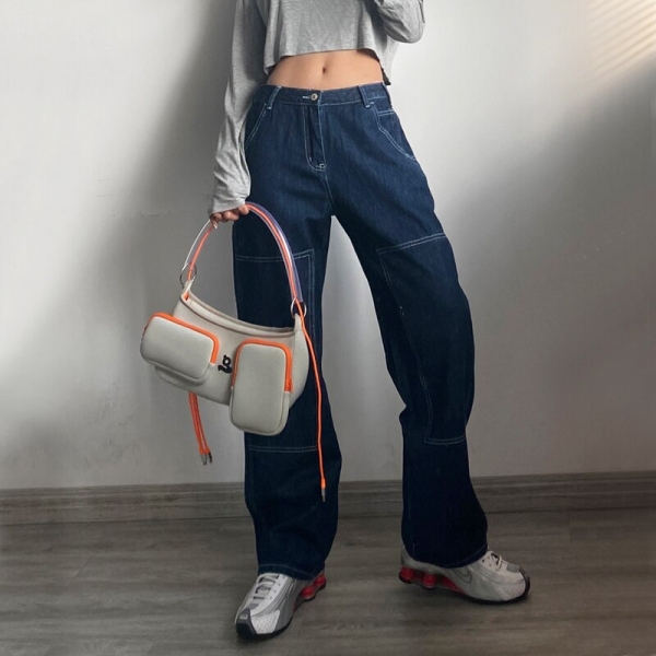 Ladies Excessive Rise Distinction Stitching Straight Leg Jean